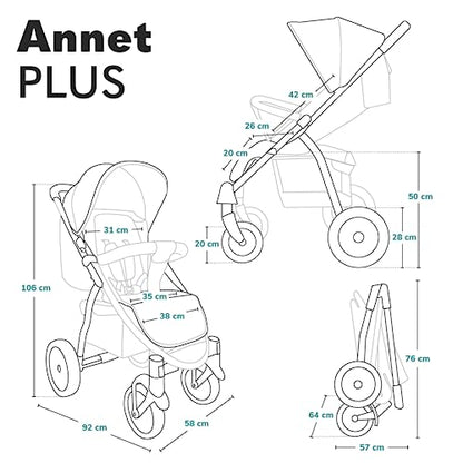 Lionelo ANNET PLUS kerge jalutuskäru, ühe käega kokkupandav, XXL varikatus UPF50+, kuni 22 kg
