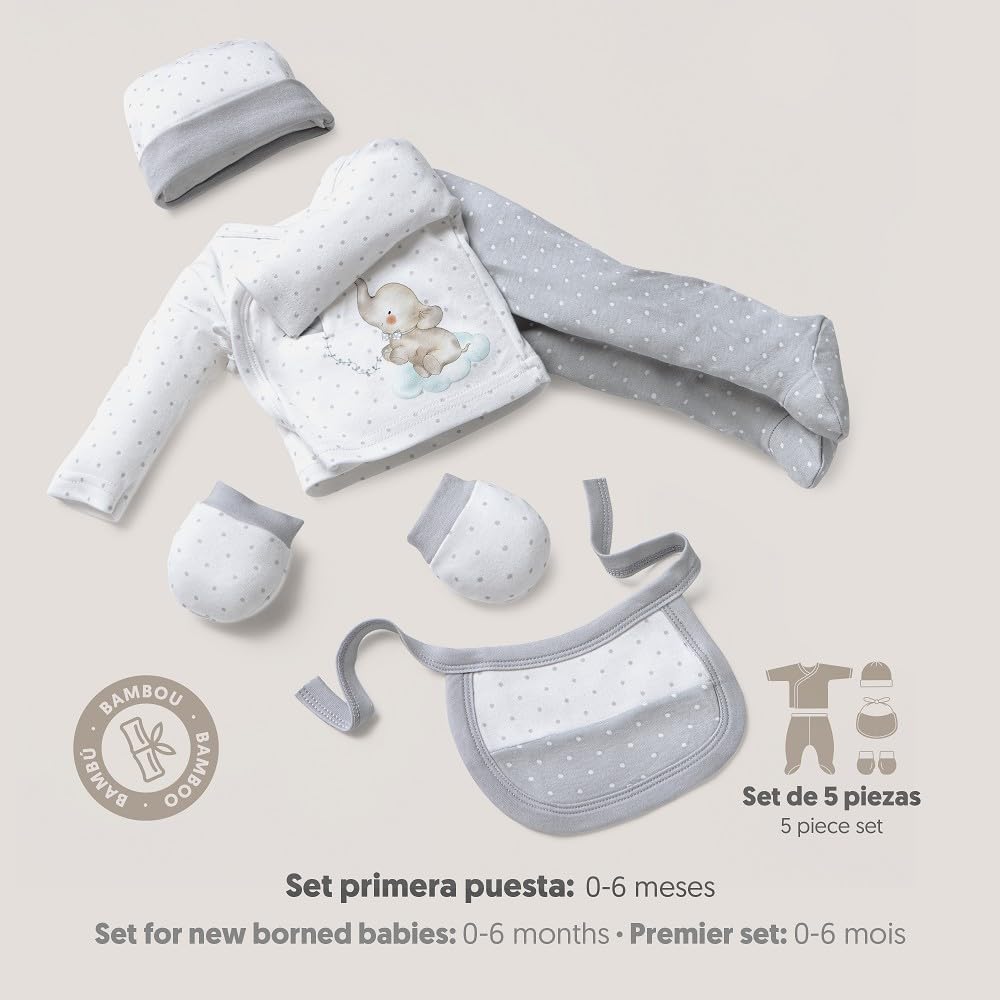 Interbaby vastsündinu kinkekomplekt 5-osaline, elevandi motiiv, hall