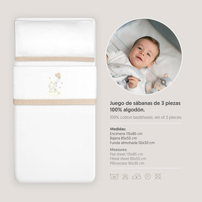 Interbaby voodipesukomplekt beebivoodile 50 x 80 cm, flanell, valge/beež elevant