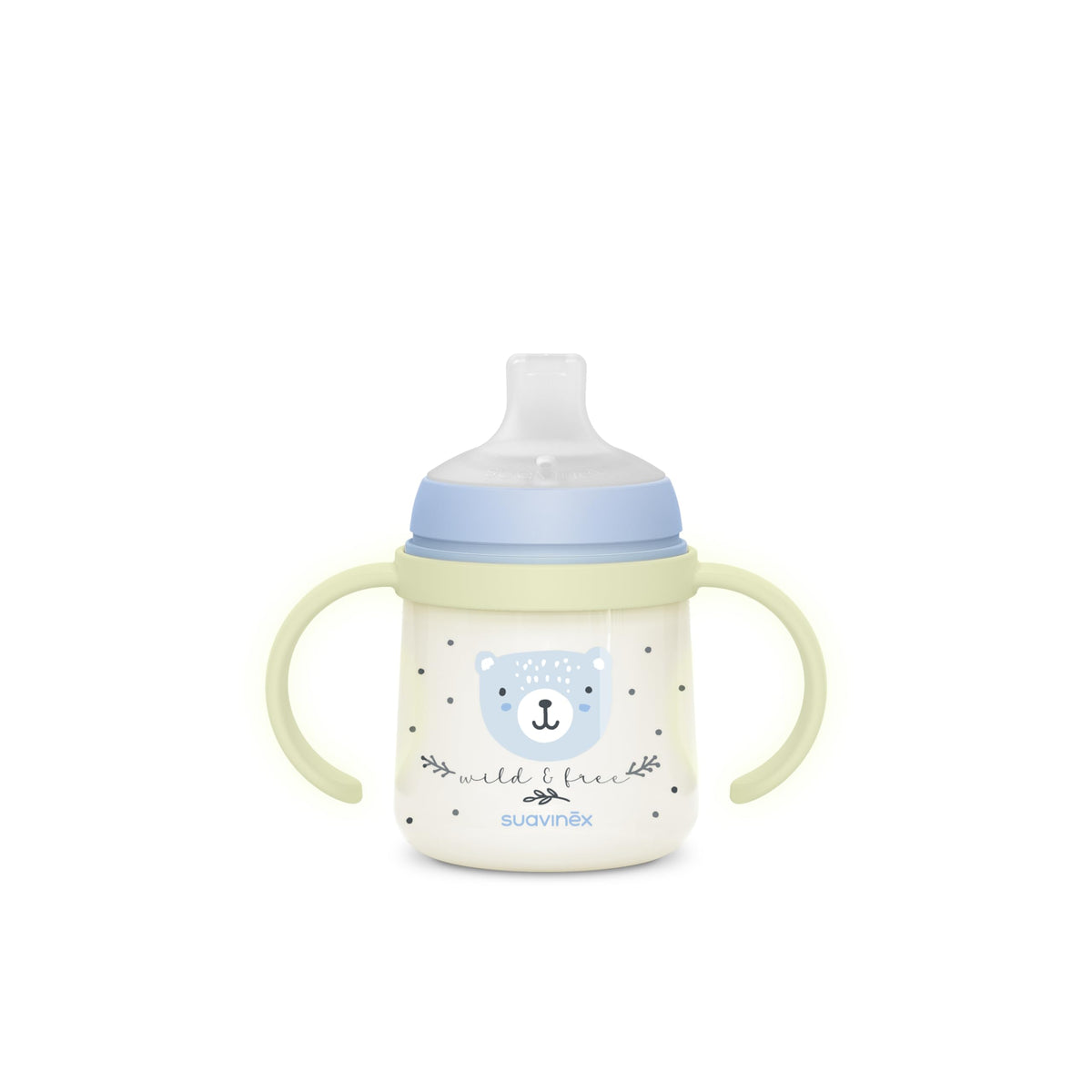 SUAVINEX opetusmuki pimeässä hohtavilla kahvoilla, sininen, 150 ml, +6 kk