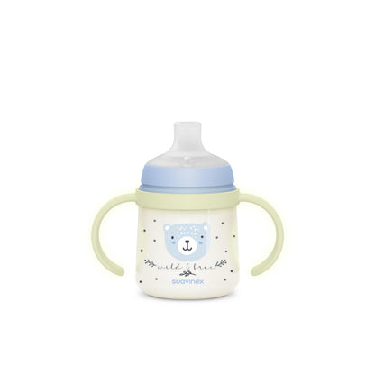 SUAVINEX opetusmuki pimeässä hohtavilla kahvoilla, sininen, 150 ml, +6 kk