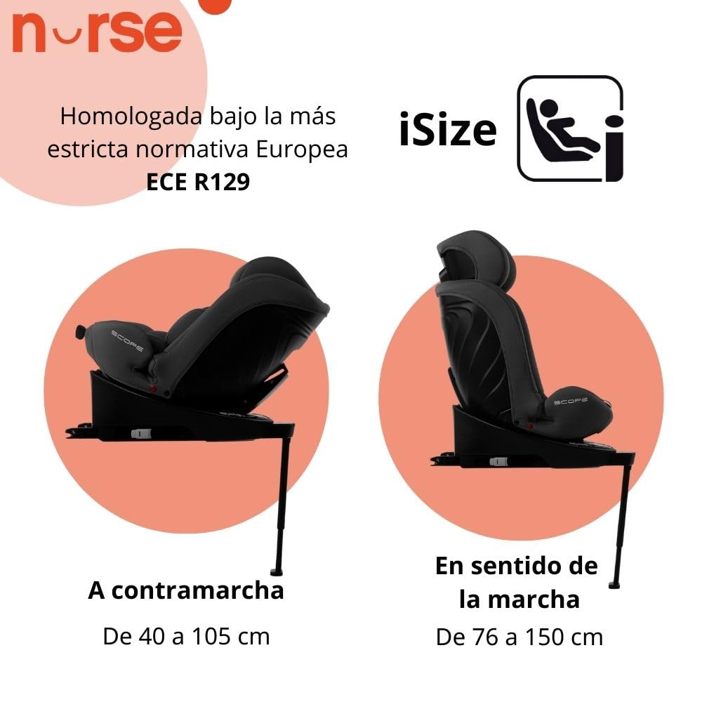Nurse Scope i-Size 360° pöörlev turvatool 40–150 cm / 0–12 a, ISOFIX ja tugijalg, must
