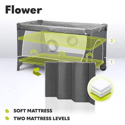 Lionelo FLOWER 2-ühes reisivoodi ja mänguaedik mähkimisalusega, Grey Scandi