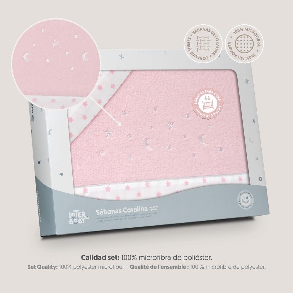Interbaby soe korallist voodipesu komplekt beebivoodile 60 × 120 cm, Star Moon Pink
