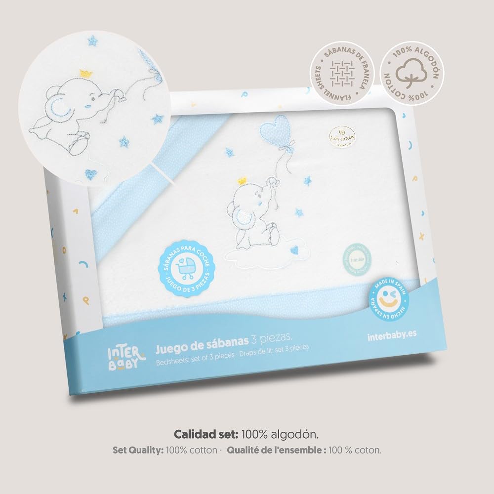 Interbaby flanellist voodipesukomplekt, 40 × 80 cm, 3-osaline komplekt, sinine/valge