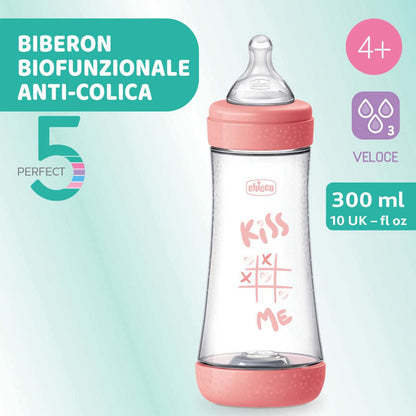 Chicco PERFECT 5 -koliikin vastainen tuttipullo 300 ml, vaaleanpunainen, 4+ kk, Intui-flow-järjestelmä