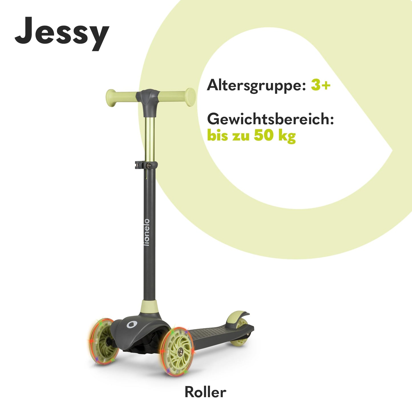 Lionelo Jessy Premium kolmerattaline laste tõukeratas LED-ratastega, roheline, 3+ aastat