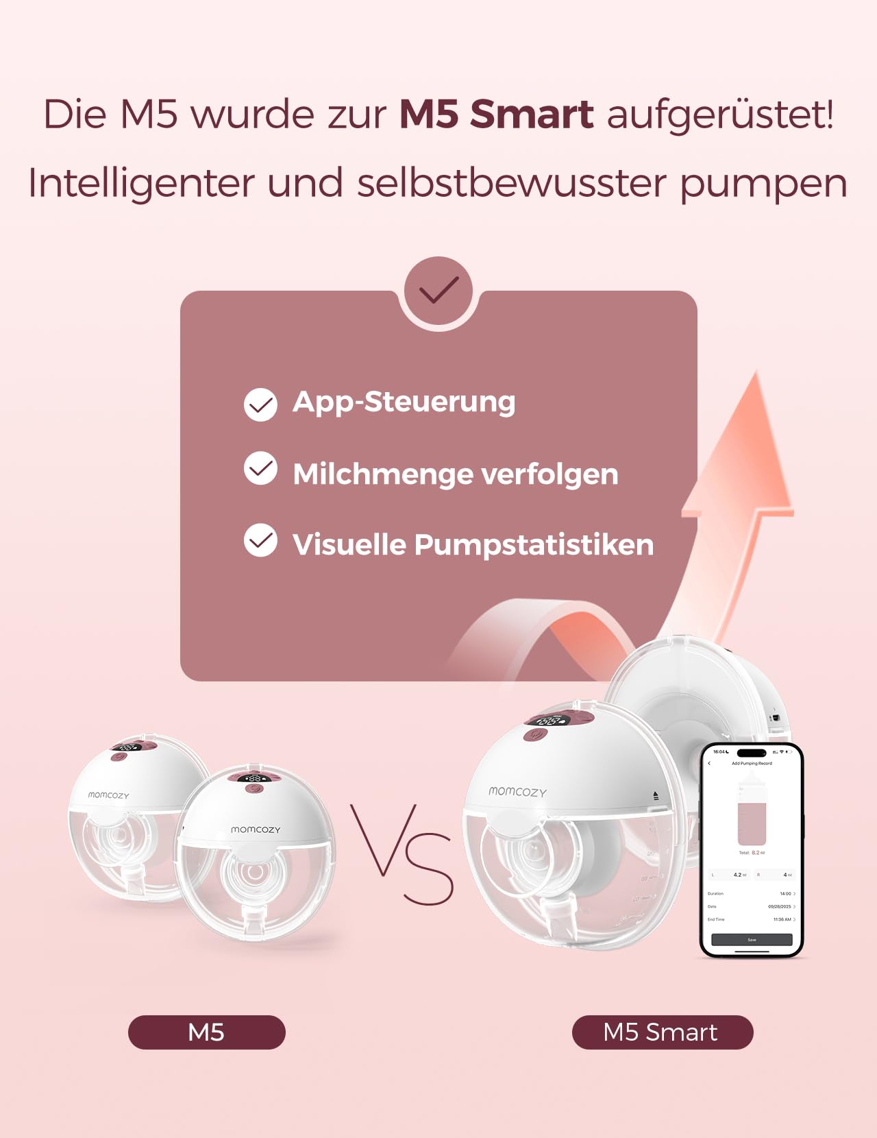 Momcozy M5 elektriline rinnapump, 2 tk, punane, äpiga juhitav