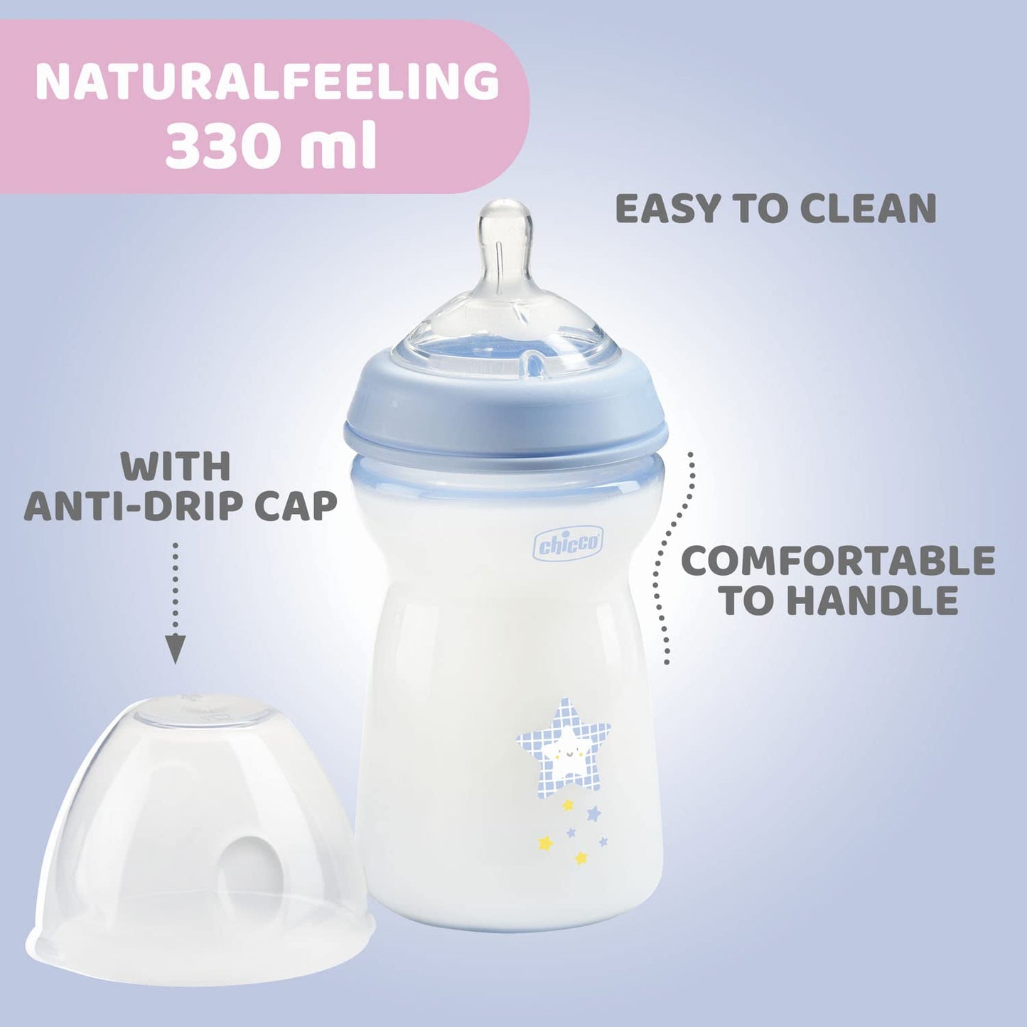 Chicco Natural Feeling koolikuvastased lutipudelid 6+ kuud, 2 tk, 330 ml, helesinine/hall