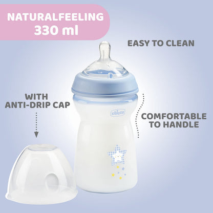 Chicco Natural Feeling koolikuvastased lutipudelid 6+ kuud, 2 tk, 330 ml, helesinine/hall