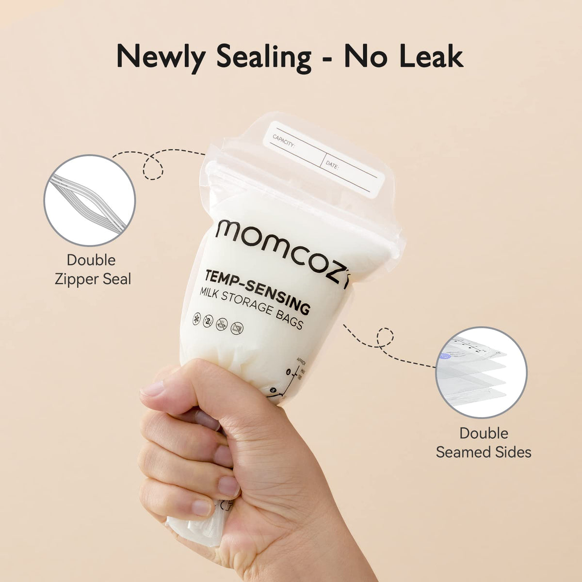 Momcozy rintamaidon säilytyspussit 120 kpl, lämpötila-anturilla, vuotamattomat, 180 ml