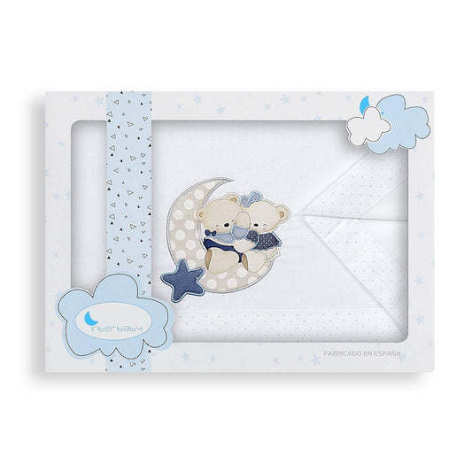 Interbaby Loving Bear voodipesukomplekt beebivoodile, valge-sinine (60 × 120 cm)