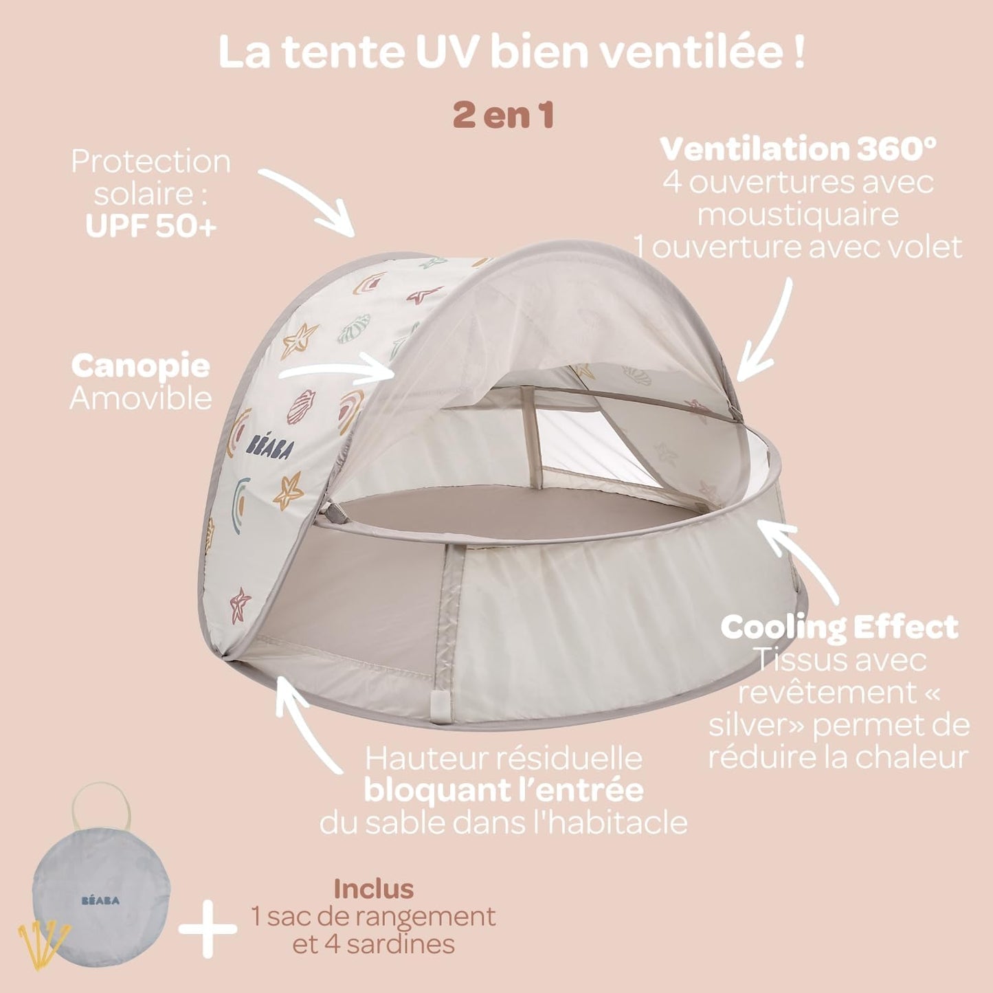 Béaba BreezyNest UV-beebitelk 2-ühes, 0-24 kuud, UPF50+, Clay Earth
