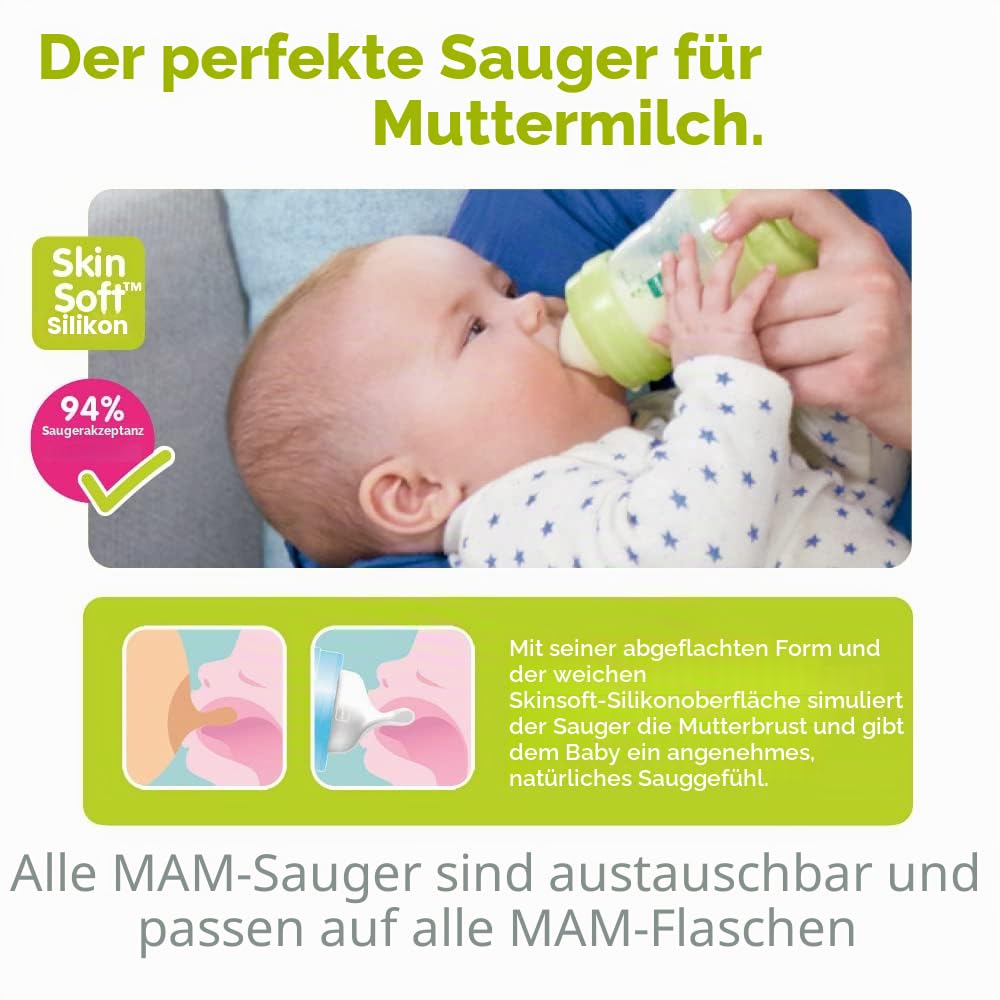MAM tuttipullon tutti koko 1, hidas virtaus, SkinSoft-silikoni, 0+ kk, 2 kpl