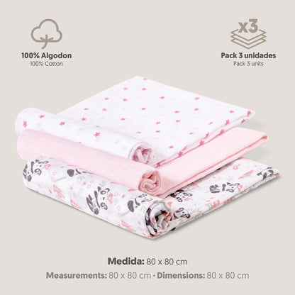 Interbaby puuvillaiset harsopyyhkeet 80 × 80 cm, 3 kpl, vaaleanpunainen, malli 98971-02