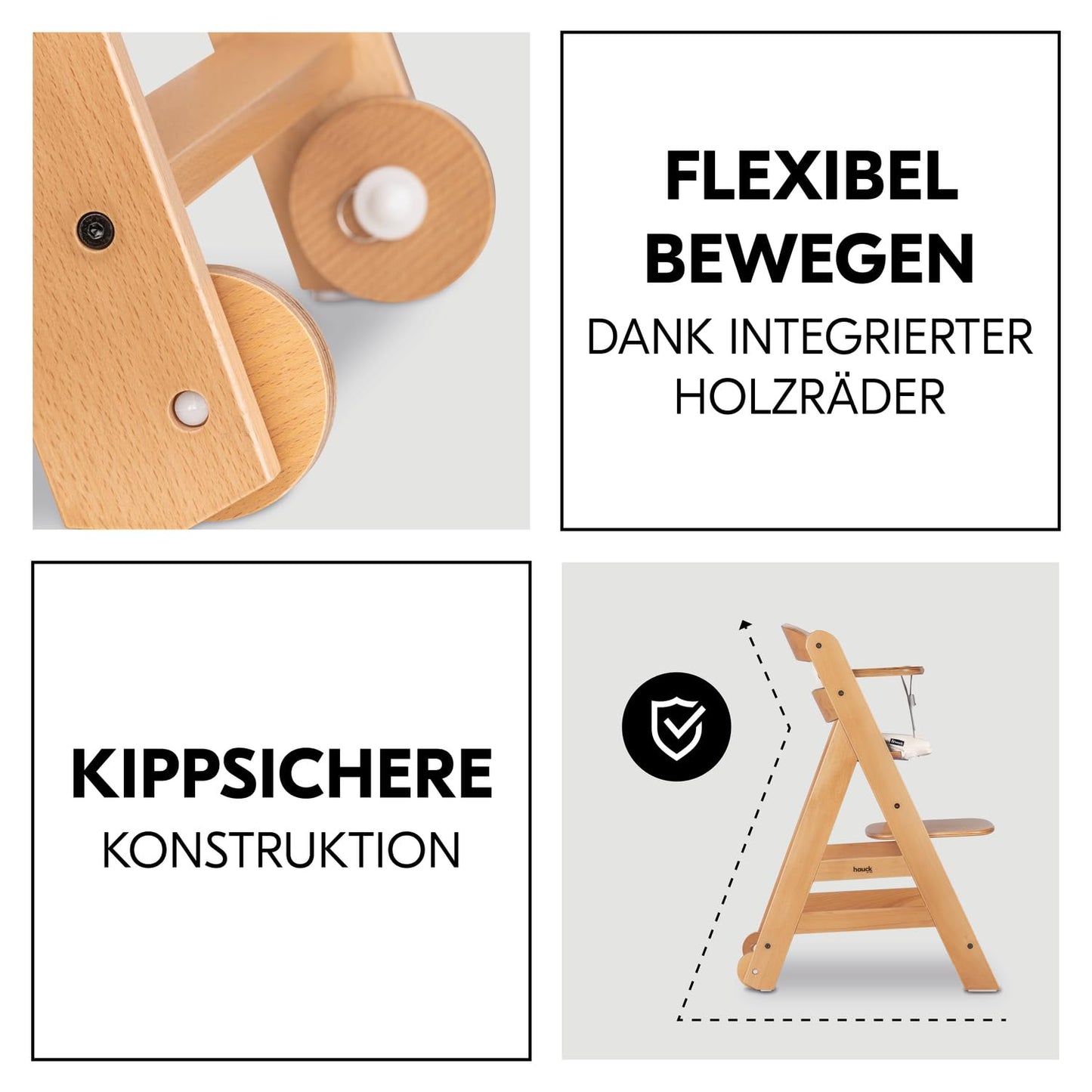Hauck Beta+ puidust söögitoolide komplekt rataste ja kandikuga (kuni 90 kg)