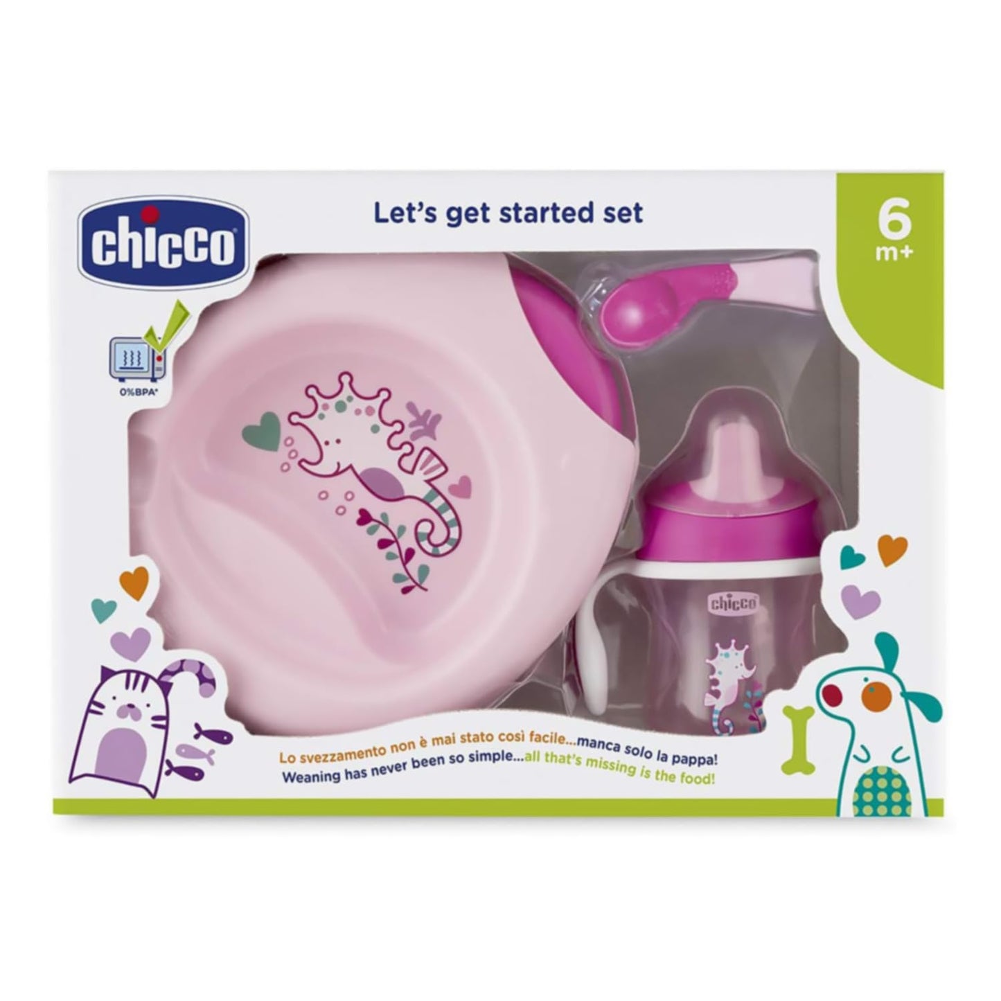 Chicco sööginõude komplekt 6+ kuud, roosa, 2-osaline taldrik, joogitass ja lusikas