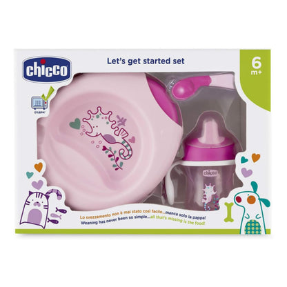 Chicco sööginõude komplekt 6+ kuud, roosa, 2-osaline taldrik, joogitass ja lusikas