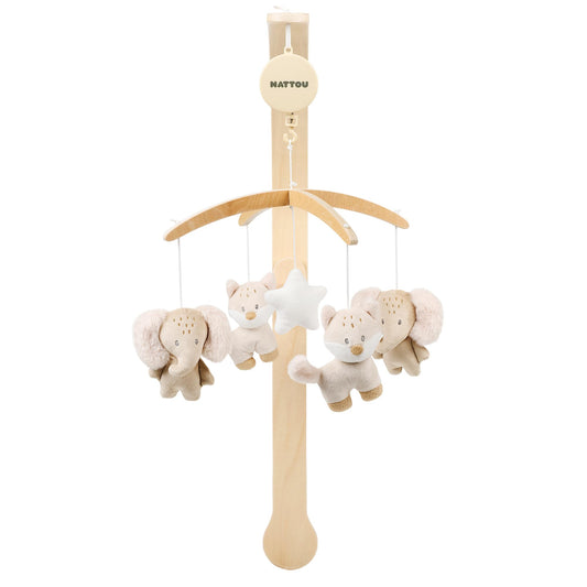 Nattou muusikaga voodikarussell Flo Beige, 50 cm, rebane ja elevant