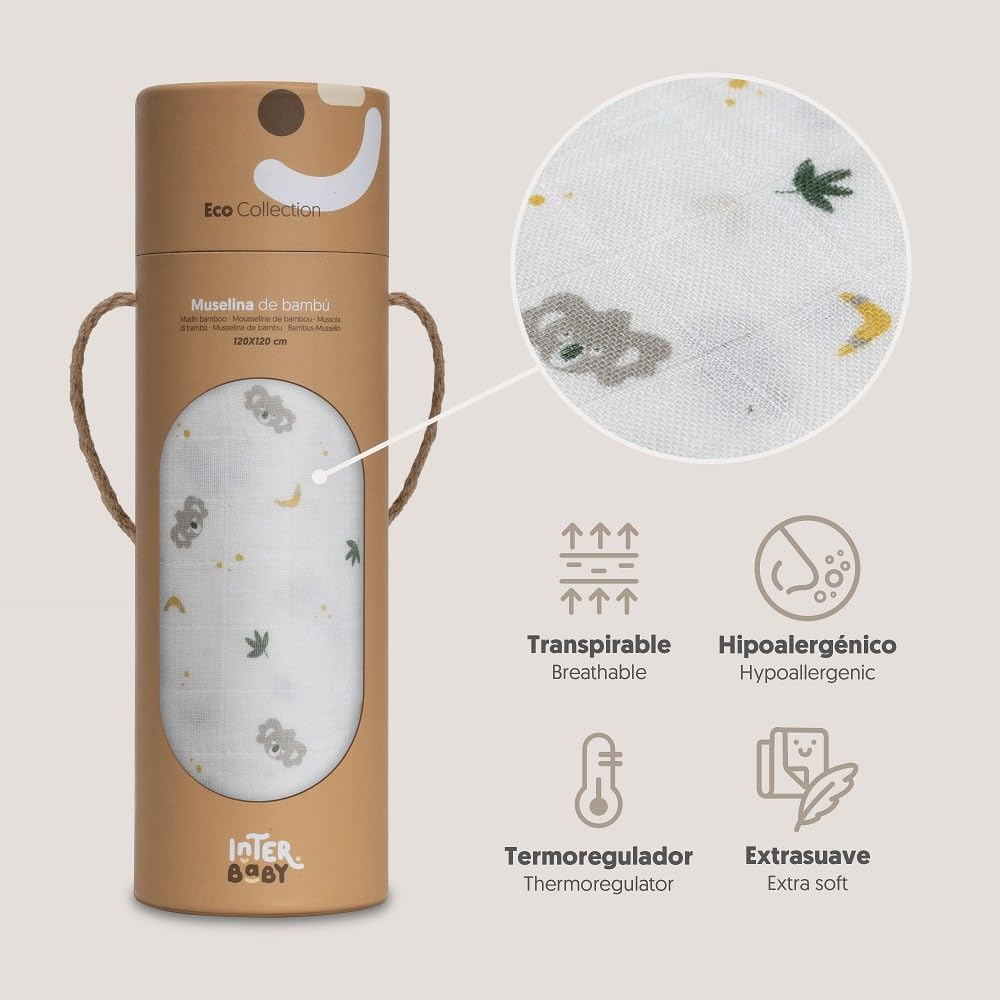 Interbaby bambusmusliinist tekk 120 × 120 cm – Koala hall