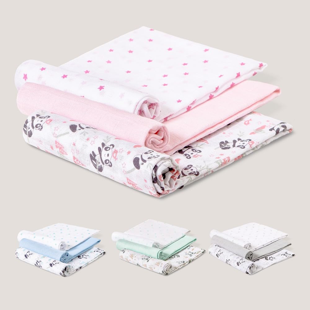 Interbaby puuvillaiset harsopyyhkeet 80 × 80 cm, 3 kpl, vaaleanpunainen, malli 98971-02