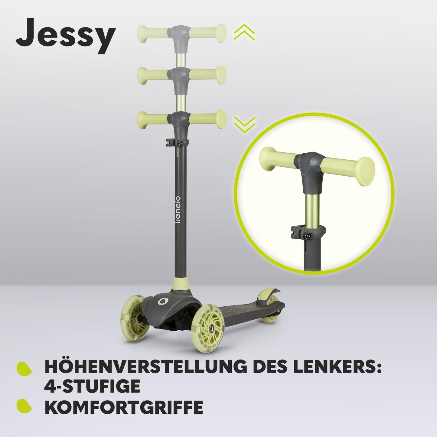 Lionelo Jessy Premium kolmerattaline laste tõukeratas LED-ratastega, roheline, 3+ aastat