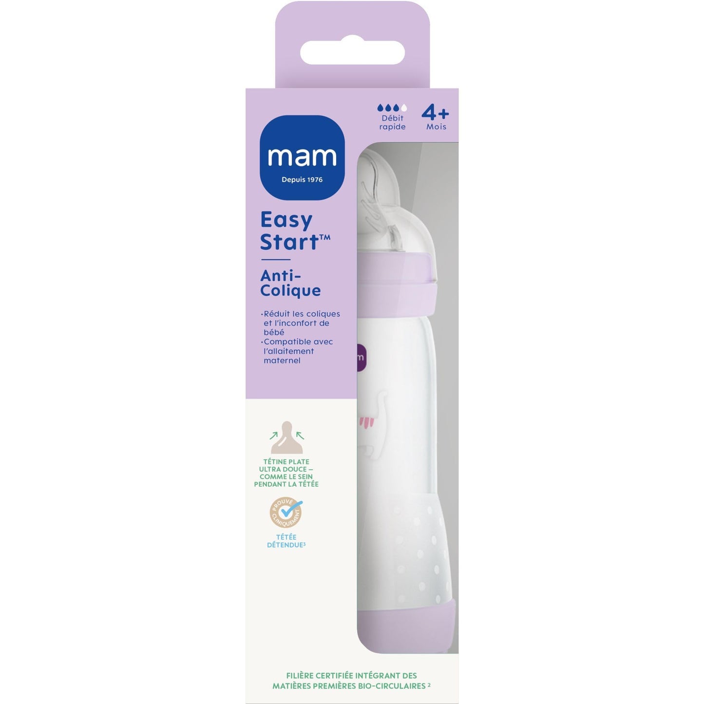 MAM Easy Start koolikutevastane lutipudel 320 ml, 4+ kuud, kiire vool, lilla