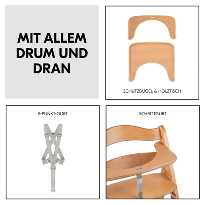 Hauck Beta+ puidust söögitoolide komplekt rataste ja kandikuga (kuni 90 kg)