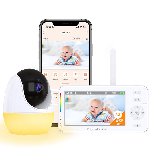Itkuhälytin kameralla ja sovelluksella, 4,3 tuuman näyttö, käännettävä Full HD 1080p -kamera, pimeänäkö, itku- ja liiketunnistin