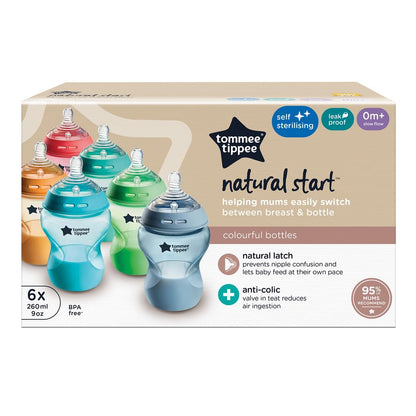 Tommee Tippee Natural Start lutipudelid Fiesta 0m+ 6 tk 260 ml, aeglase vooluga