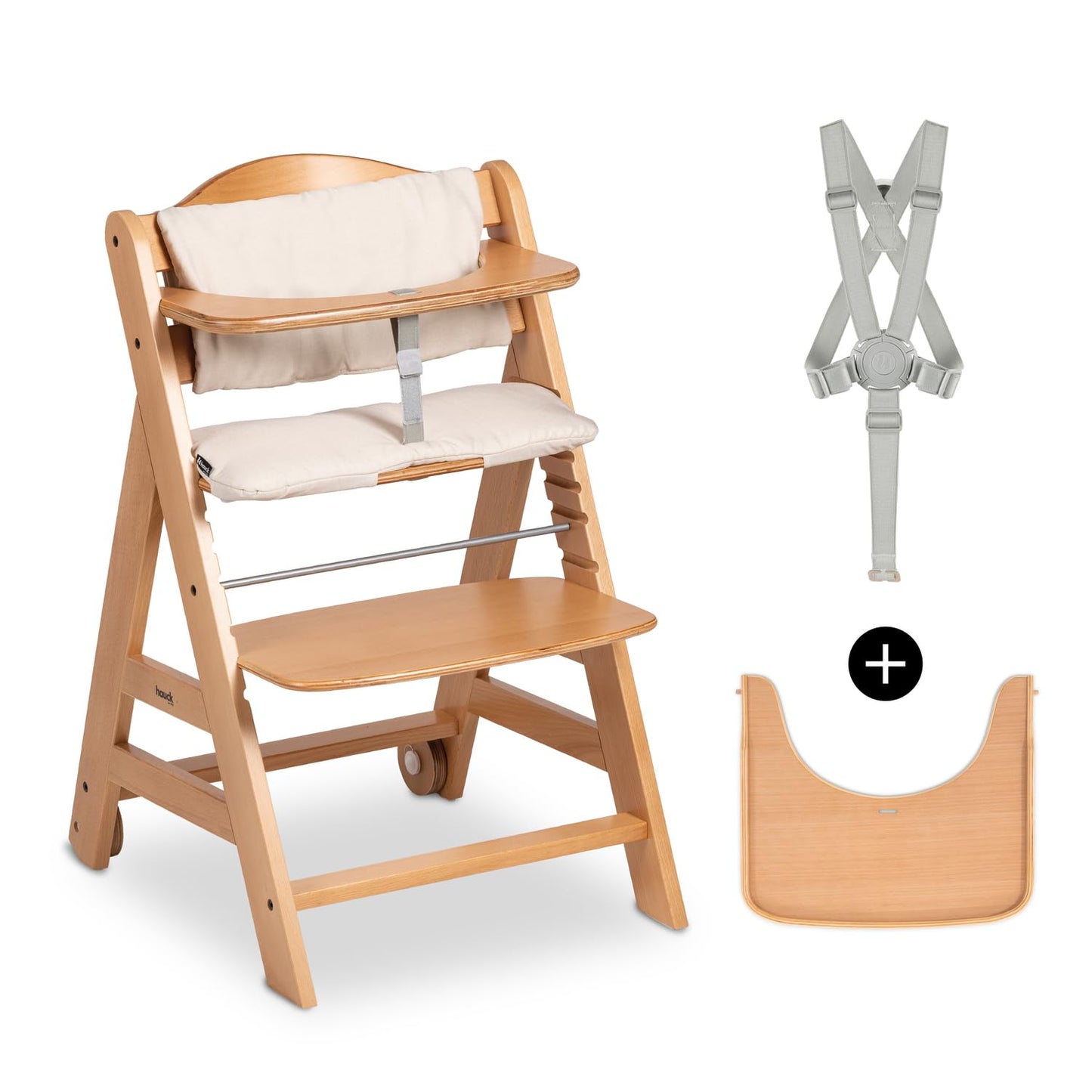 Hauck Beta+ puidust söögitoolide komplekt rataste ja kandikuga (kuni 90 kg)