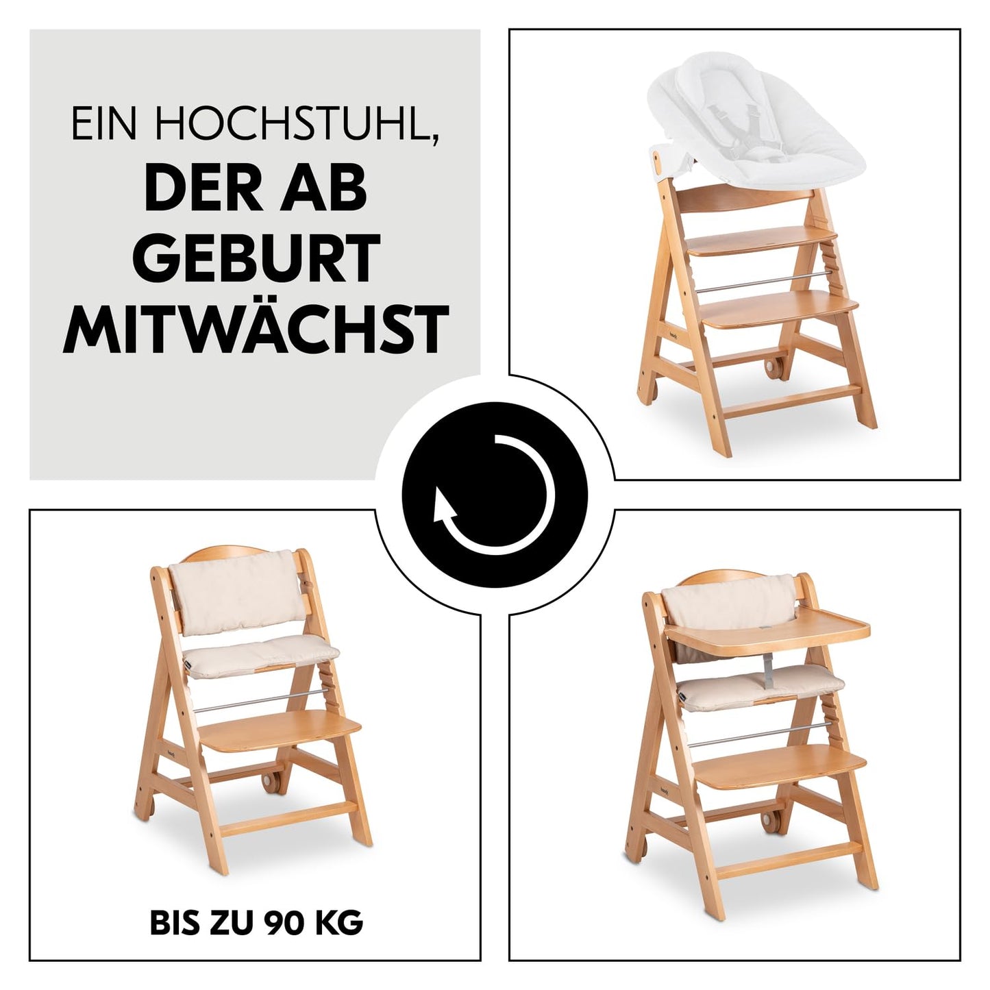 Hauck Beta+ puidust söögitoolide komplekt rataste ja kandikuga (kuni 90 kg)