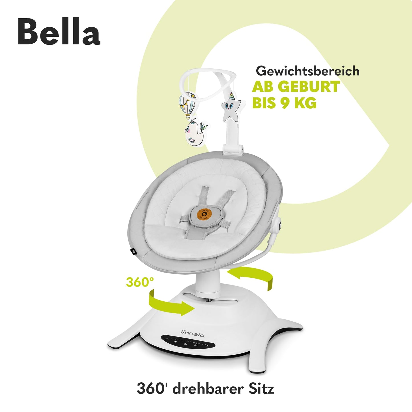 Lionelo Bella elektriline beebikiik 360° pöörleva istmega, helehall