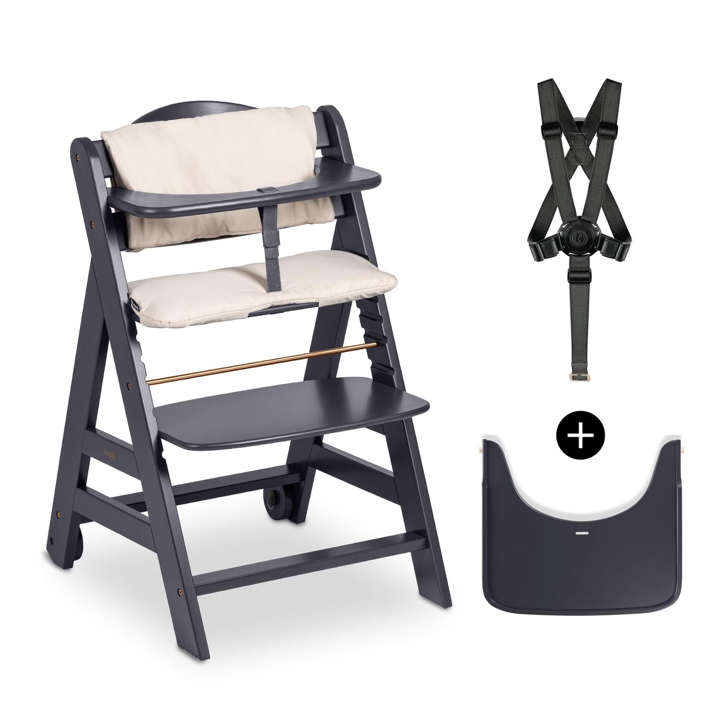 Hauck Beta+ puidust söögitoolide komplekt rataste ja kandikuga (kuni 90 kg)