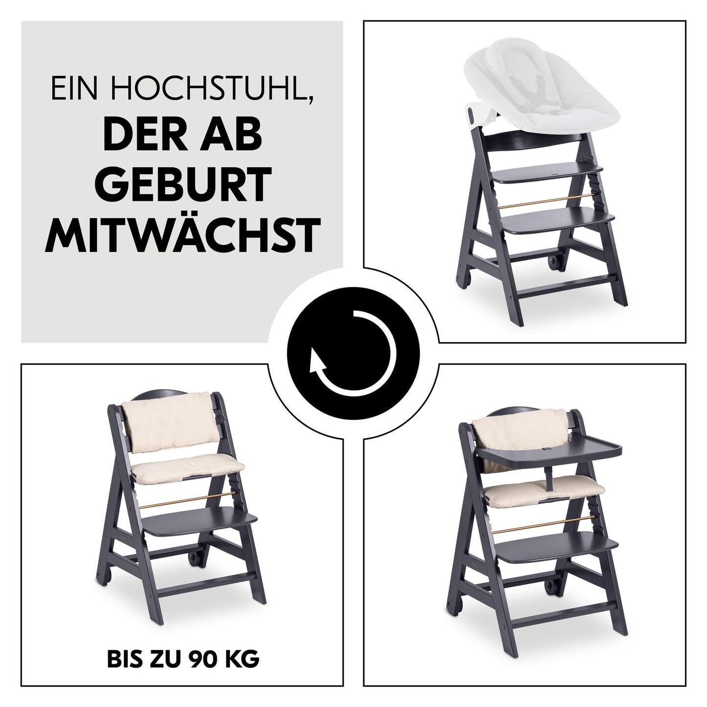 Hauck Beta+ puidust söögitoolide komplekt rataste ja kandikuga (kuni 90 kg)