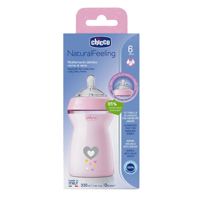Chicco Natural Feeling lutipudel 330 ml, kiire vooluga, alates 6. elukuust, roosa