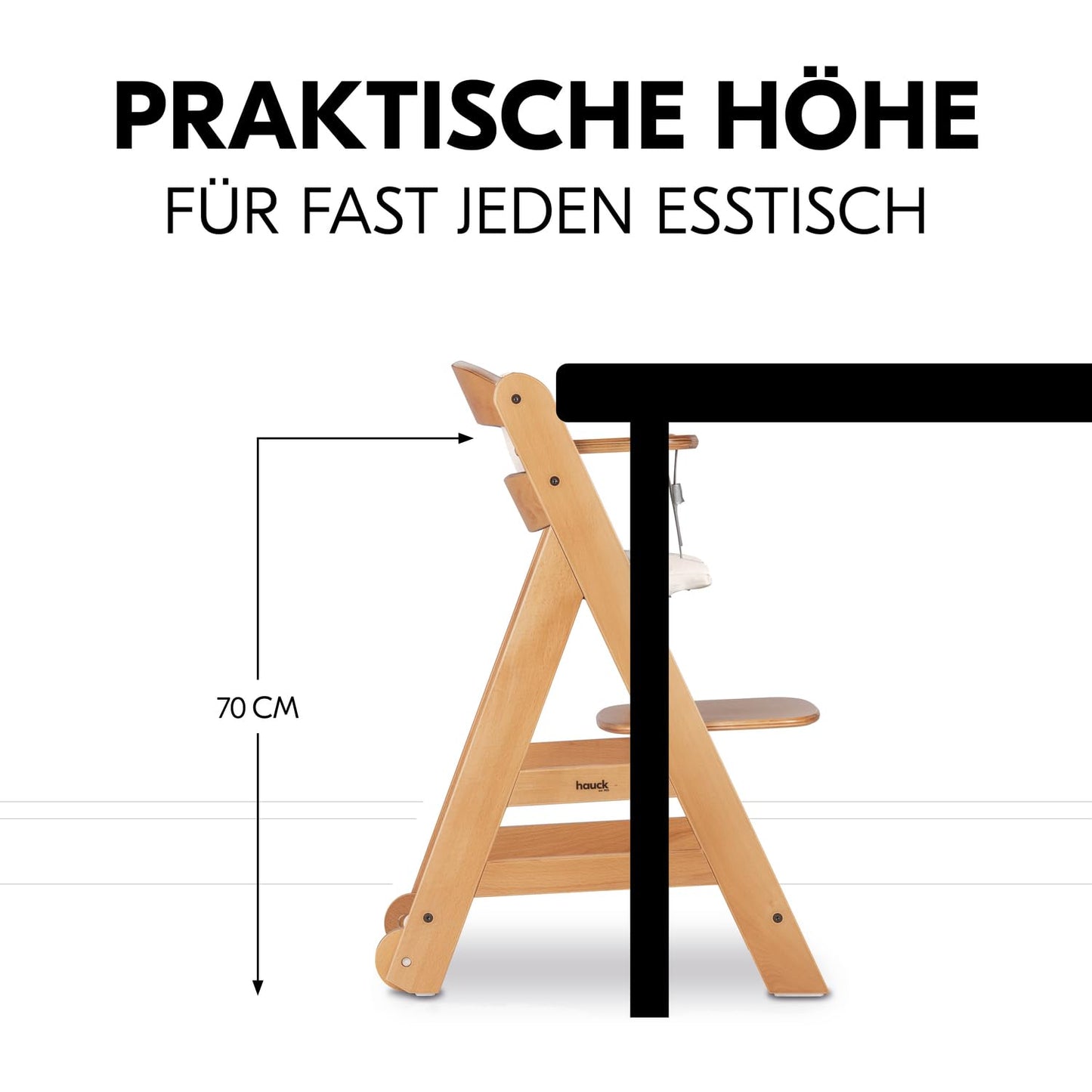 Hauck Beta+ puidust söögitoolide komplekt rataste ja kandikuga (kuni 90 kg)