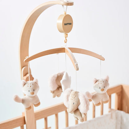 Nattou muusikaga voodikarussell Flo Beige, 50 cm, rebane ja elevant