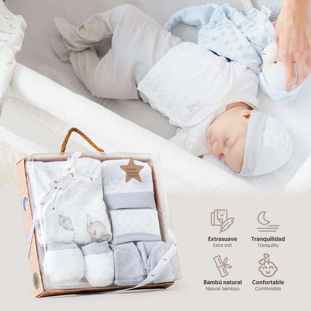 Interbaby vastsündinu kinkekomplekt 5-osaline, elevandi motiiv, hall