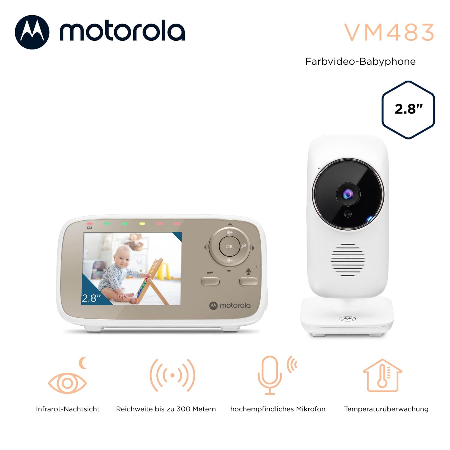 Motorola Nursery VM483 beebimonitor 2,8-tollise kaamera, öönägemise ja temperatuurinäiduga