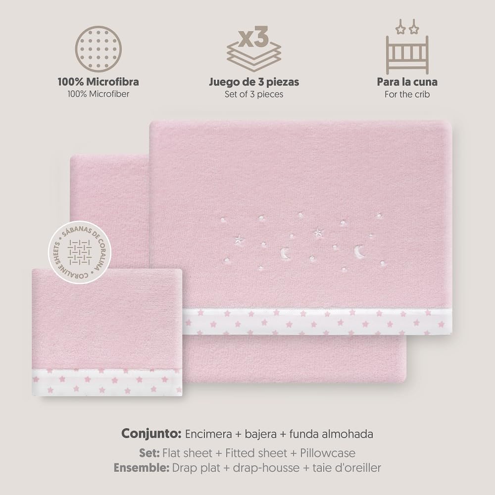 Interbaby soe korallist voodipesu komplekt beebivoodile 60 × 120 cm, Star Moon Pink