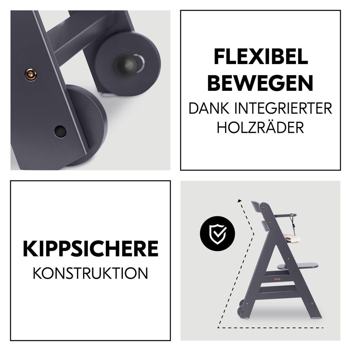 Hauck Beta+ puidust söögitoolide komplekt rataste ja kandikuga (kuni 90 kg)