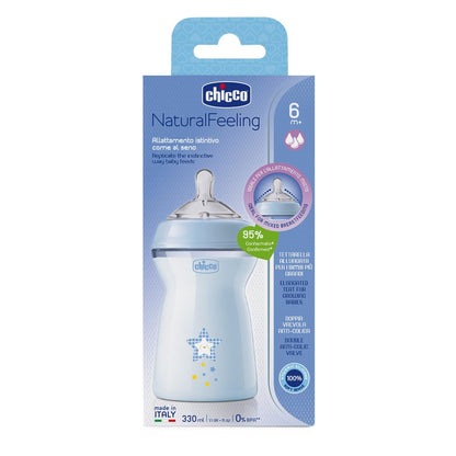 Chicco Natural Feeling koolikuvastased lutipudelid 6+ kuud, 2 tk, 330 ml, helesinine/hall