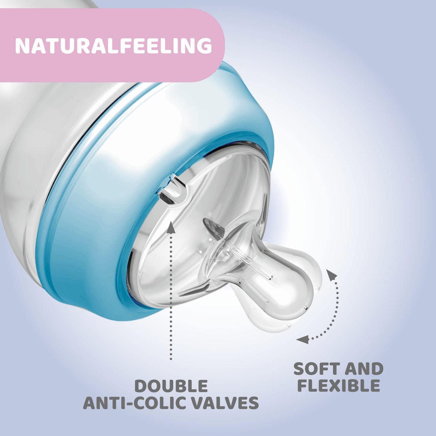 Chicco Natural Feeling koolikuvastased lutipudelid 6+ kuud, 2 tk, 330 ml, helesinine/hall