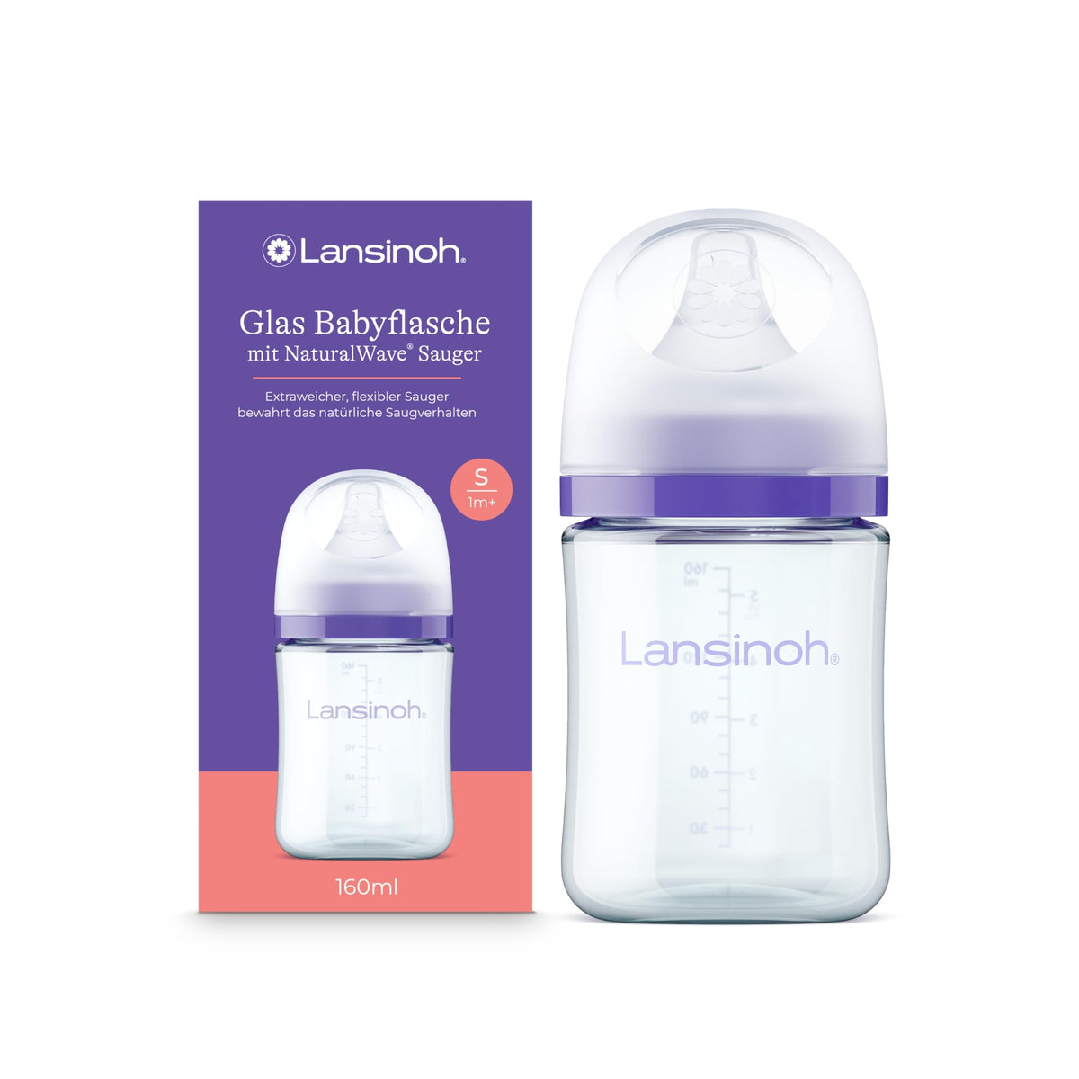 Lansinoh lasinen tuttipullo NaturalWave-tutilla S, 160 ml