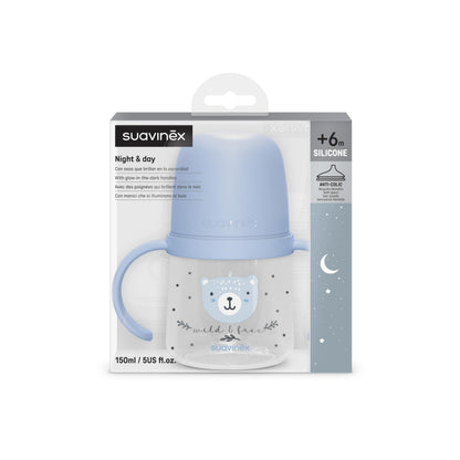 SUAVINEX opetusmuki pimeässä hohtavilla kahvoilla, sininen, 150 ml, +6 kk