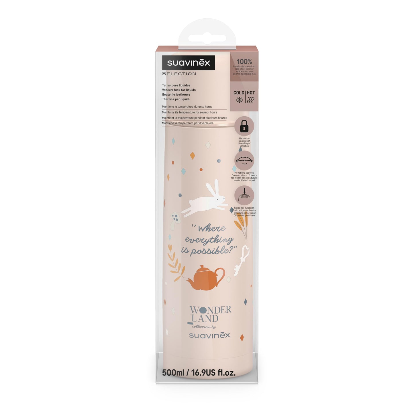 Suavinex roostevabast terasest termos 500 ml, roosa (Wonderland kollektsioon)
