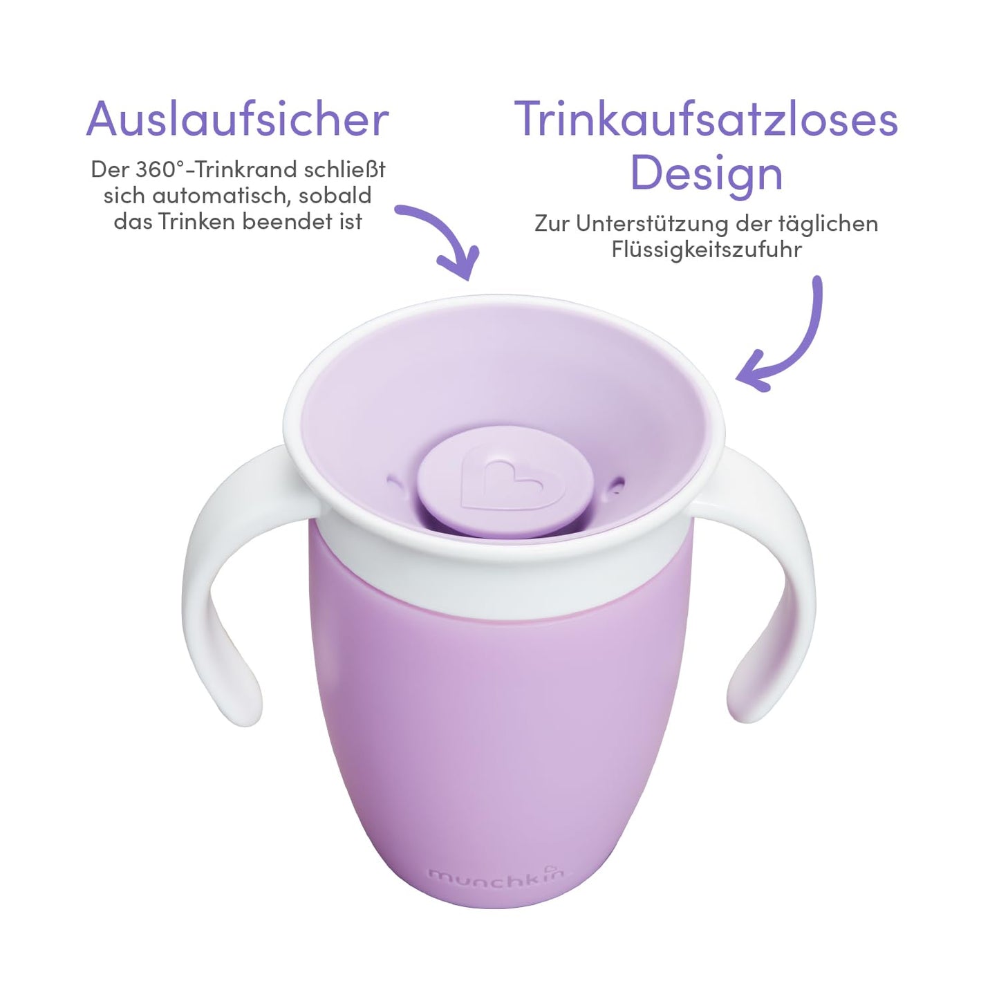 Munchkin Miracle 360°-Trinkbecher für Babys und Kleinkinder, BPA-freier Trinklernbecher mit Griffen, auslaufsicher & spülmaschinenfest, für Kinder ab 6 Monaten - 207 ml, lila