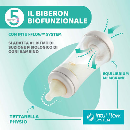 Chicco PERFECT 5 -koliikin vastainen tuttipullo 300 ml, vaaleanpunainen, 4+ kk, Intui-flow-järjestelmä