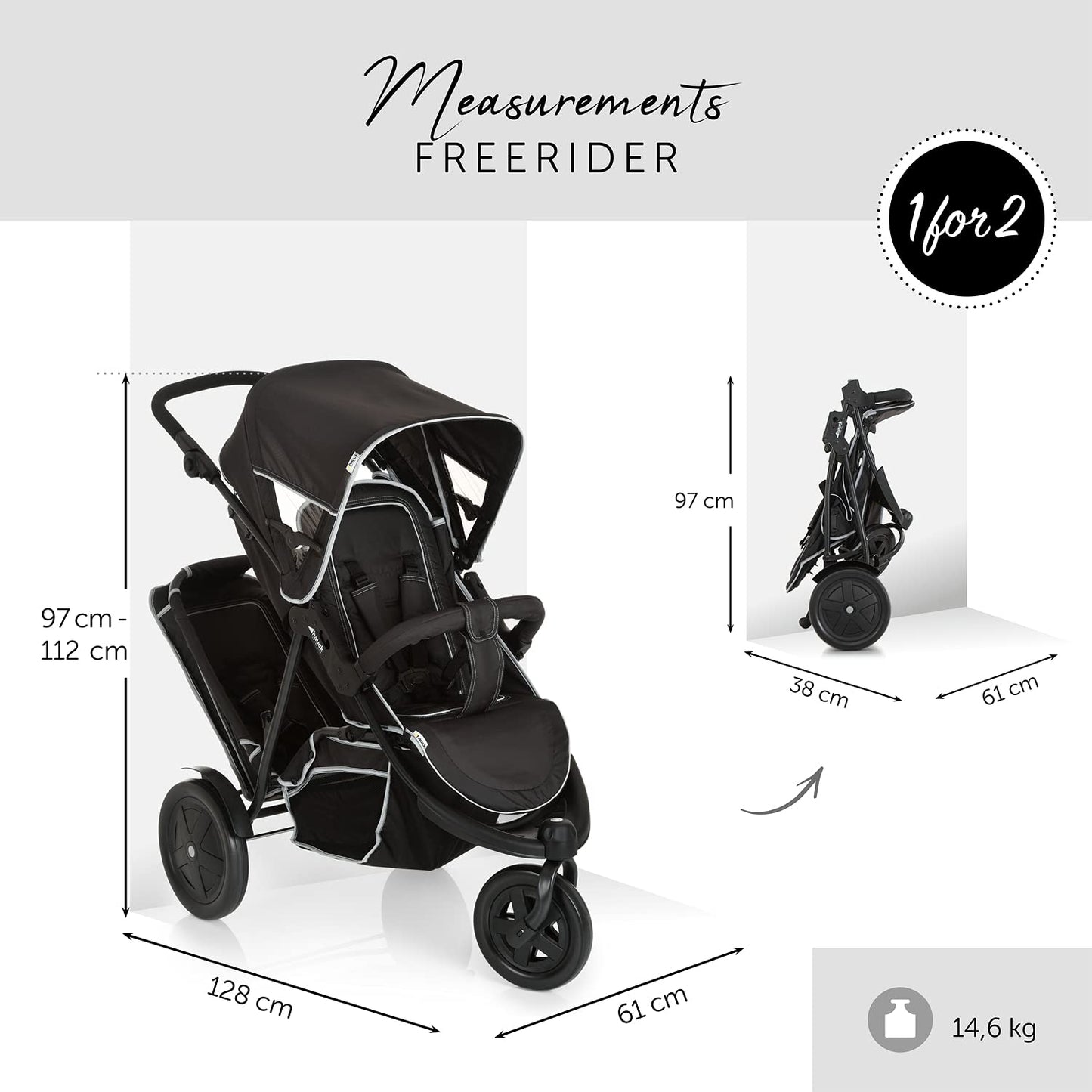 Hauck kahe lapse jalutuskäru Freerider, kolmerattaline, must, kuni 36 kg